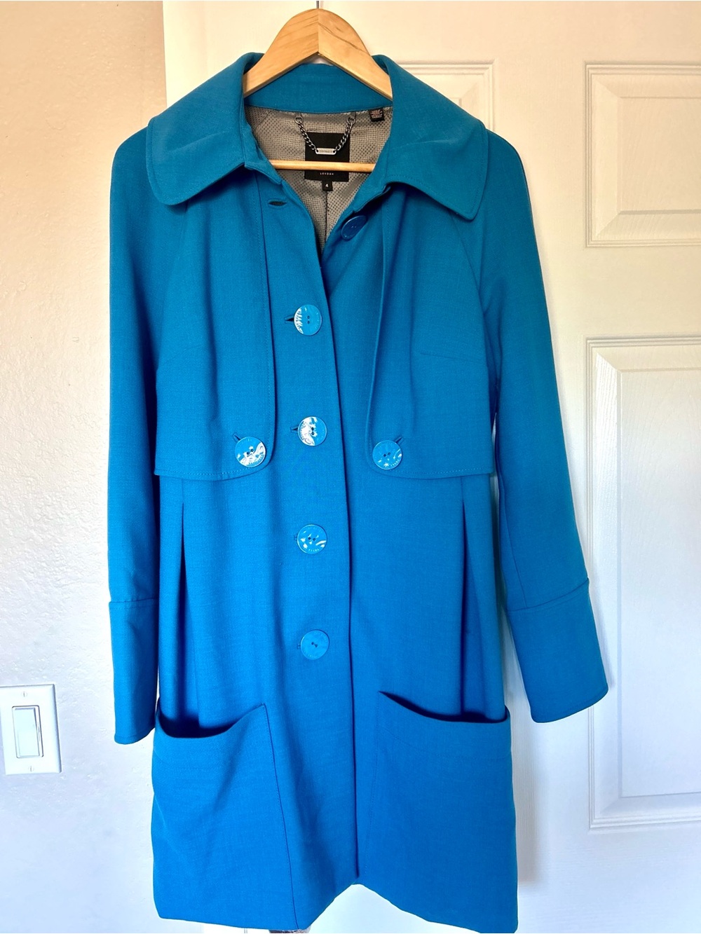 Ted Baker Blue Coat Jacket Size 4 Wool Blend Statement Collar Trench Peacoat